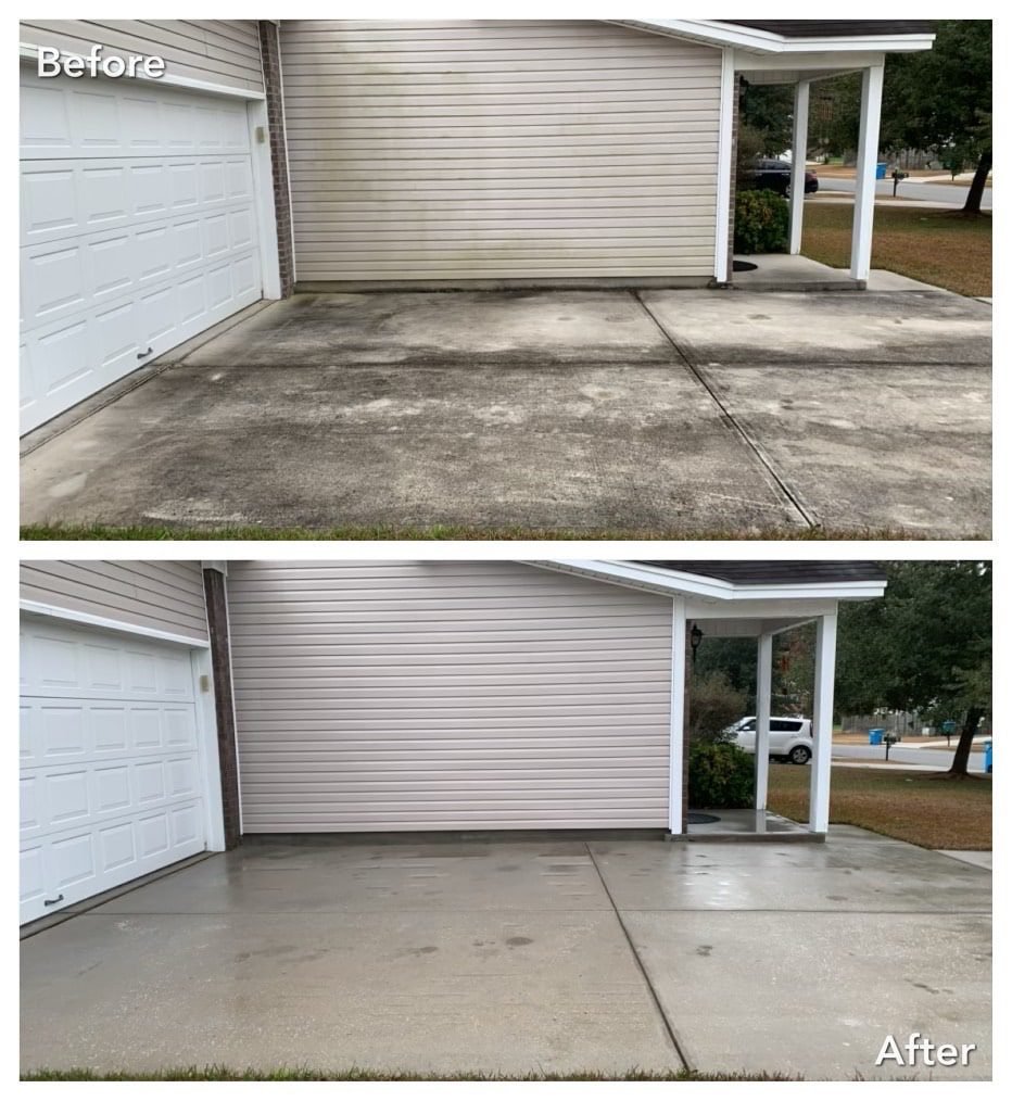 Before and after of a residential driveway cleaning at a gray single-story house, showing the results of our pressure washing in Marysville WA