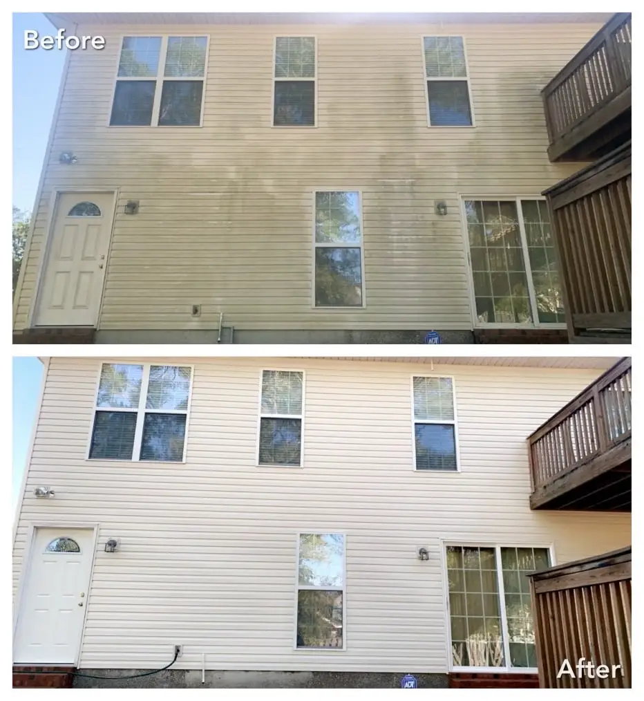 Two-story yellow house before and after house washing in Marysville WA