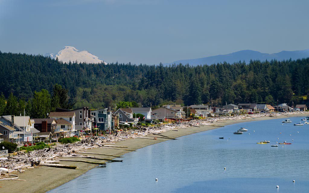 Aerial view of Camano Island neighborhood overlooking Puget Sound coastline