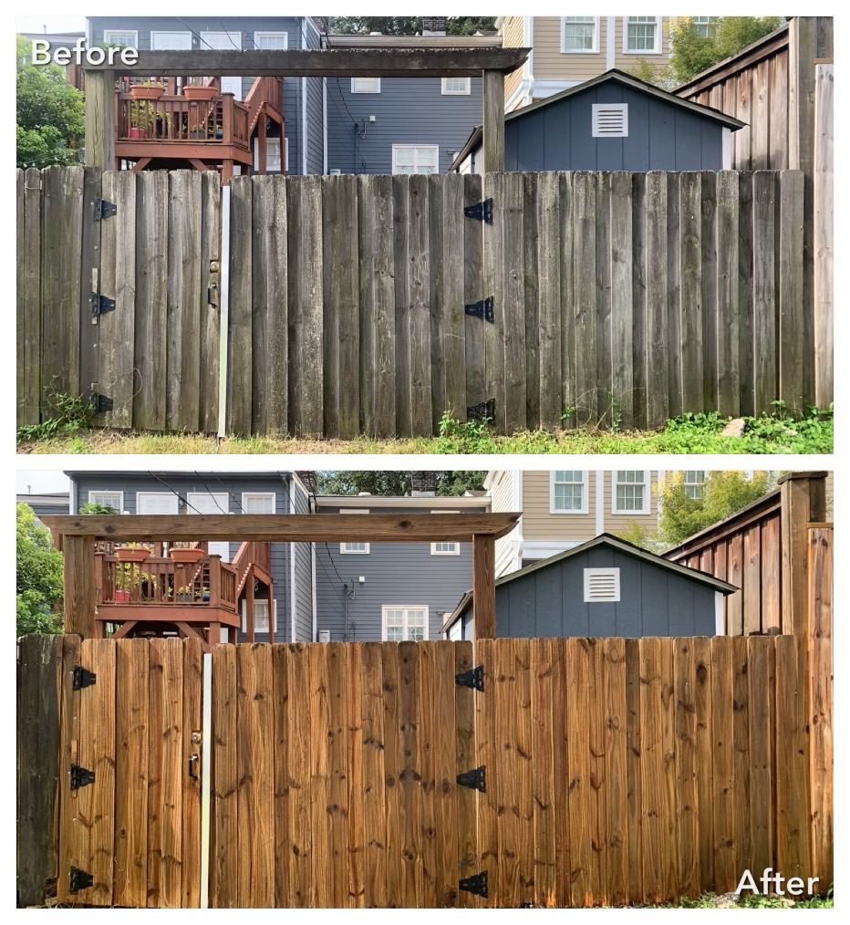 Before and after fence cleaning in Camano Island WA at a blue house, showing the fence restored from dirty to clean