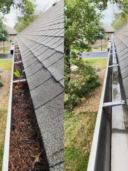 Close-up before and after gutter cleaning results on a home in Marysville WA
