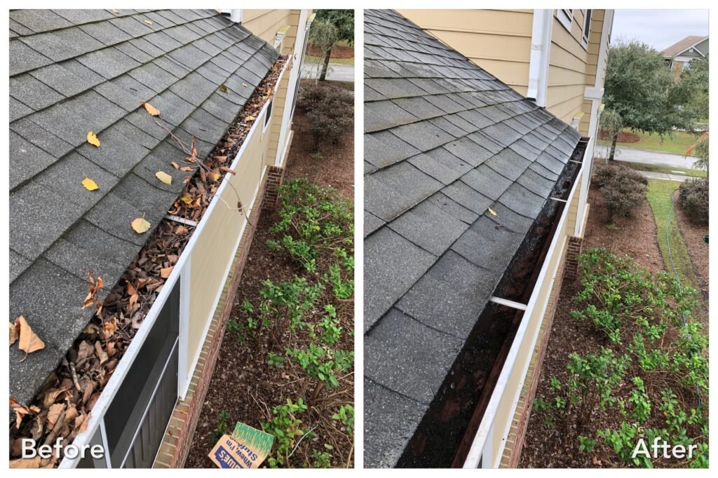 Before and after gutter cleaning in Marysville WA showing a debris-filled gutter cleaned out.