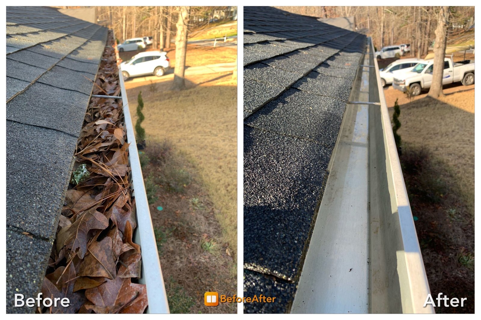 Before and after gutter cleaning in Stanwood WA showing leaf filled gutter cleaned out
