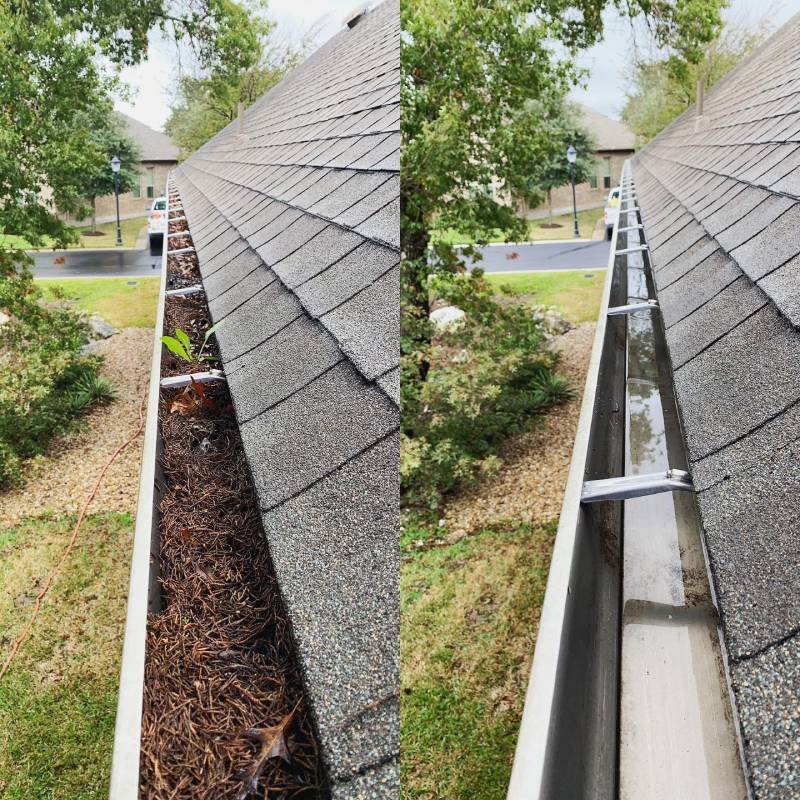 Before-and-after results of gutter cleaning in Tulalip WA on gutters filled with leaves and debris