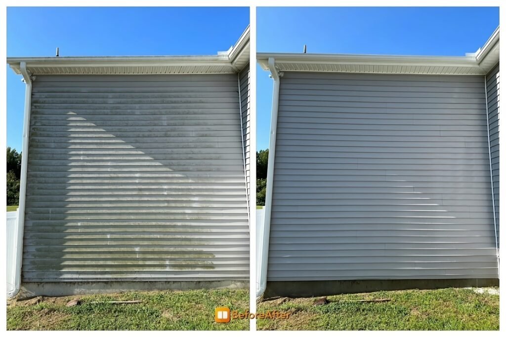 Before and after house washing in Lake Stevens WA on the side of a gray house.