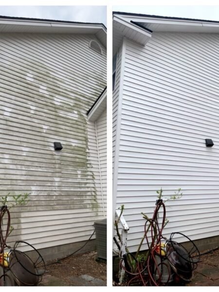 Before and after results of a white home cleaned with house washing in the Marysville area