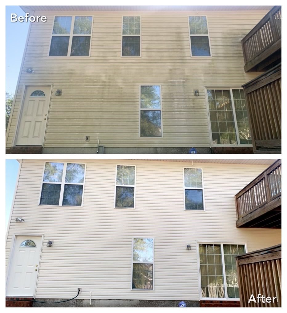 Before and after results of a yellow two-story home cleaned near me in Marysville WA using professional house washing