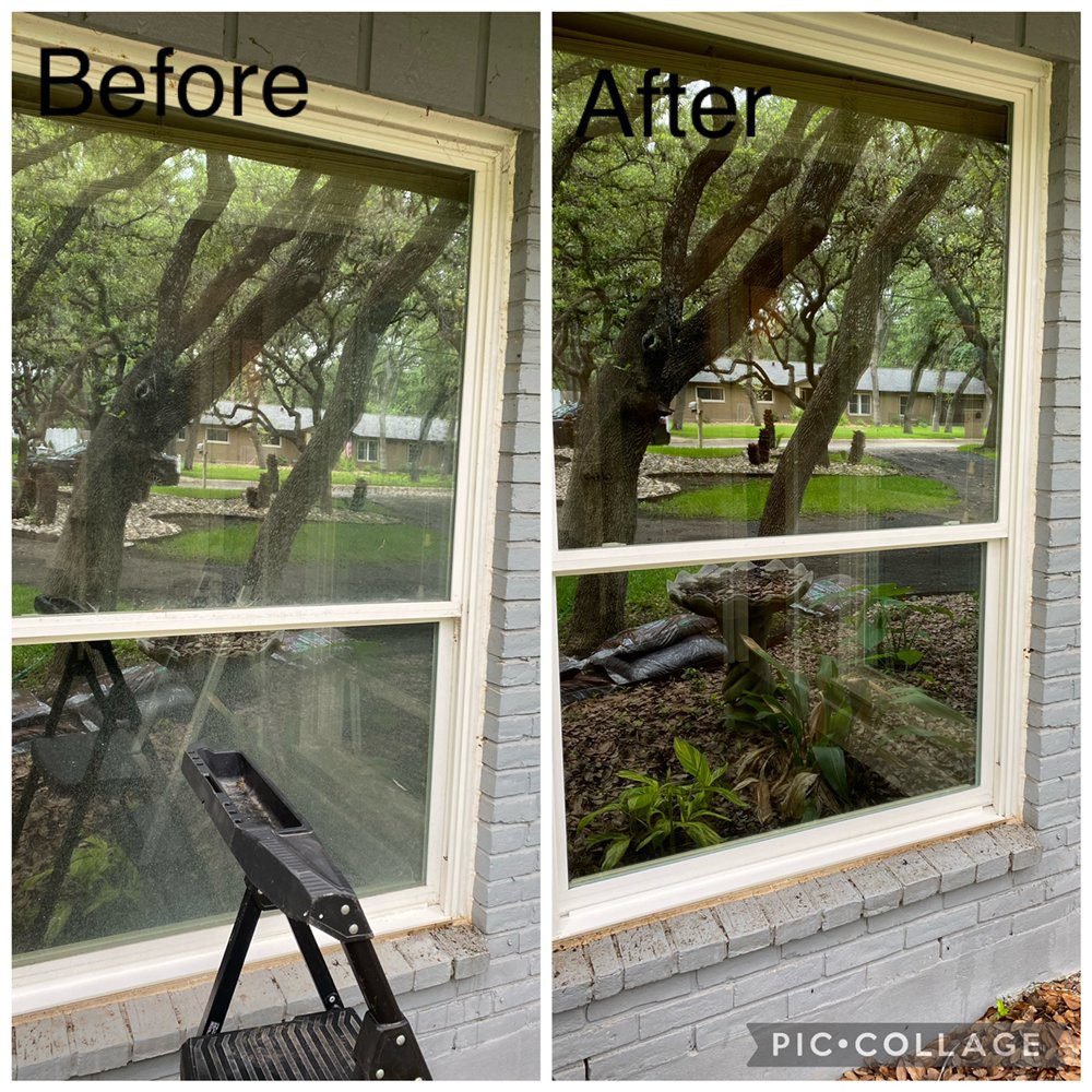 Before and after results of window cleaning near me in Arlington WA on a white house showing dirty to clean