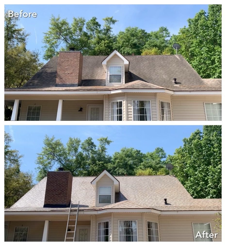 Before and after results of a roof cleaned on a beige two-story home in Lake Stevens WA