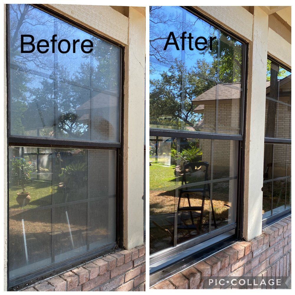 Before and after window cleaning in Camano Island WA on a brick house