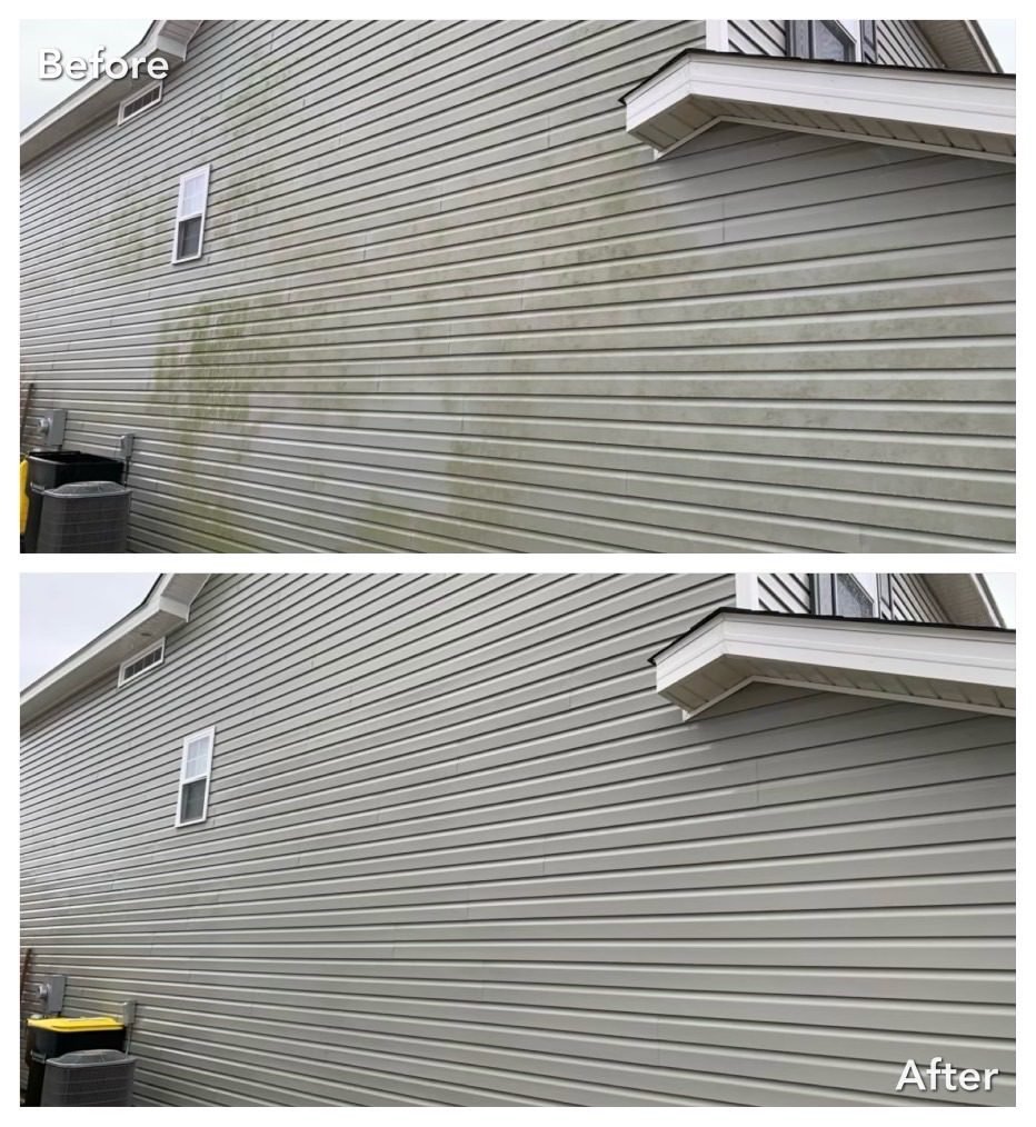 Before and after results showing the north side of a home cleaned with house washing near Tulalip WA