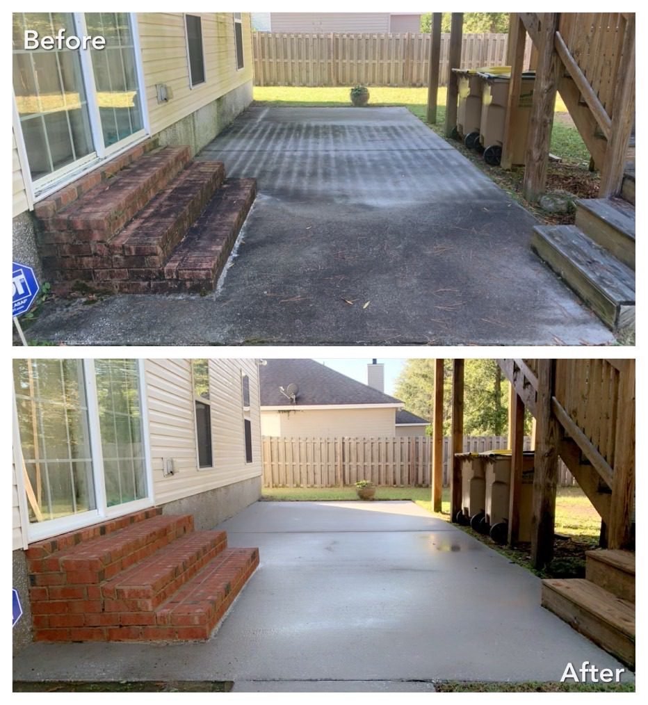 Before and after results of pressure washing in Stanwood WA on a dirty covered back patio.
