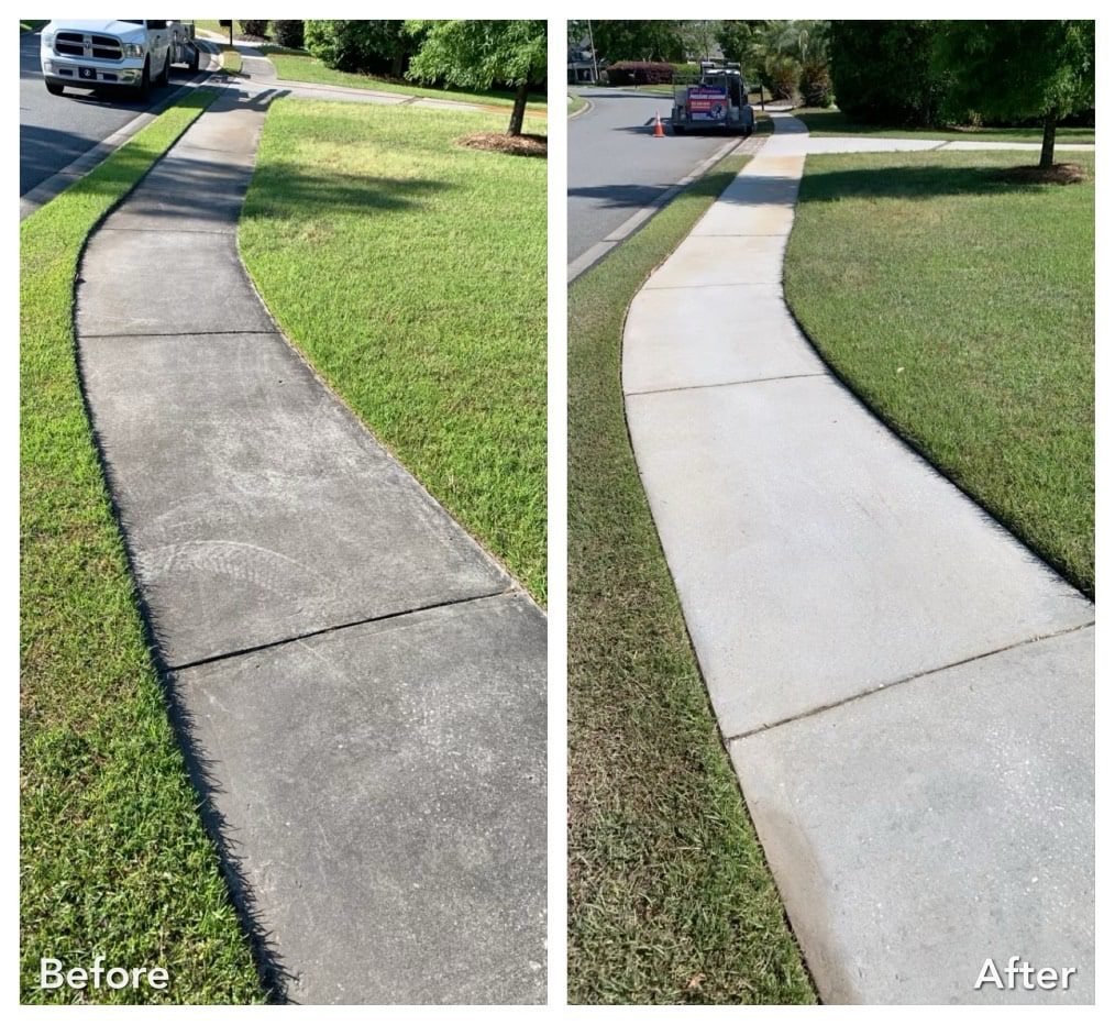 Before after comparison of a dirty sidewalk cleaned by pressure washing on a residential sidewalk in Arlington WA