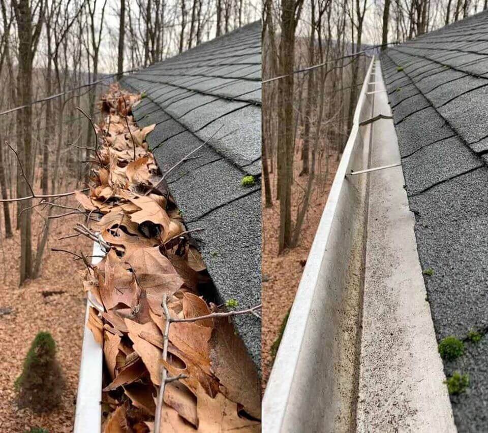 Before-and-after gutter cleaning results on a home in Marysville WA with gutters packed with leaves