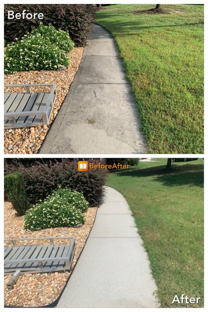 Before-and-after results of pressure washing in Marysville WA on a long sidewalk