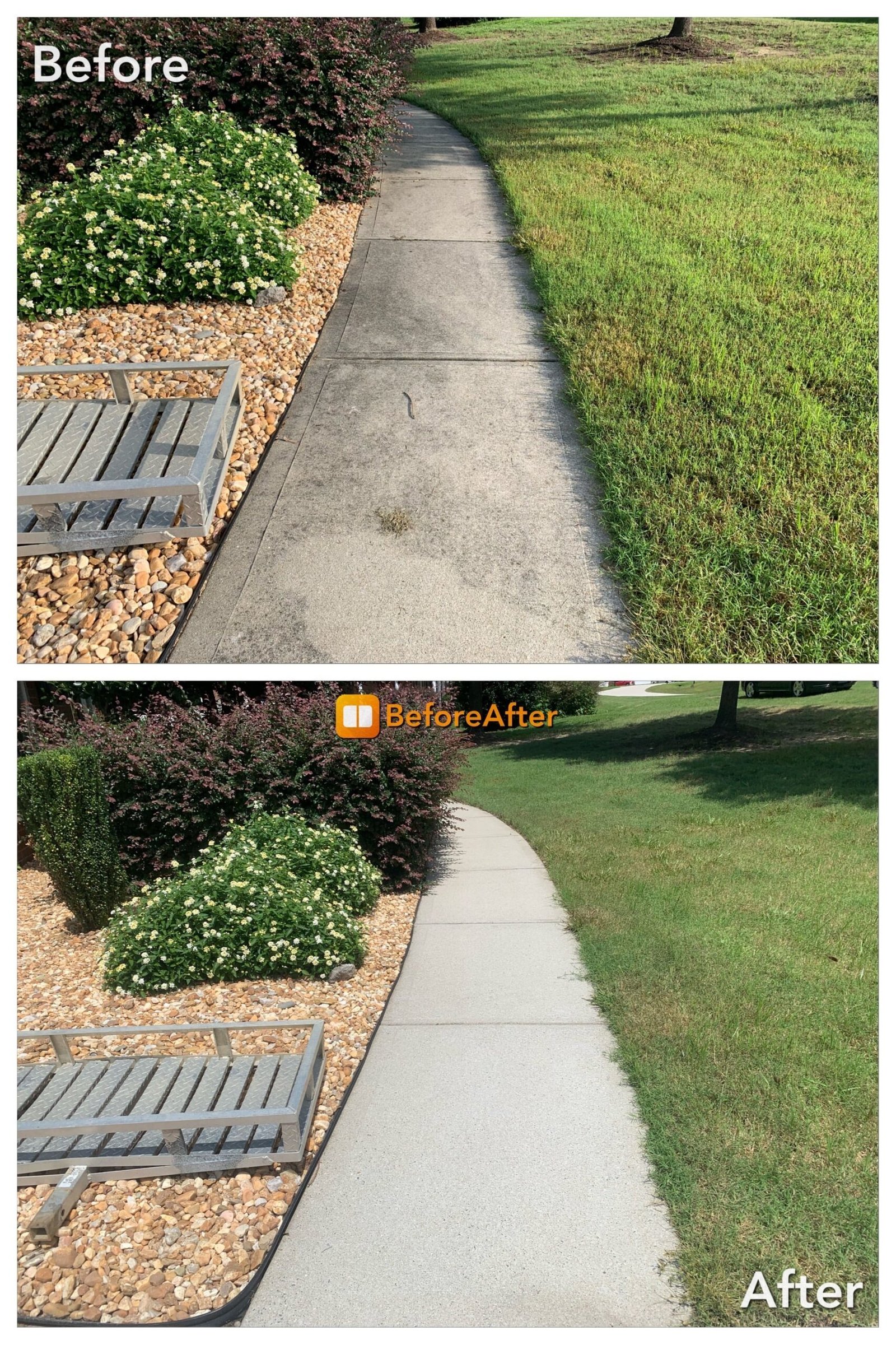 Before-and-after results of pressure washing in Marysville WA on a long sidewalk