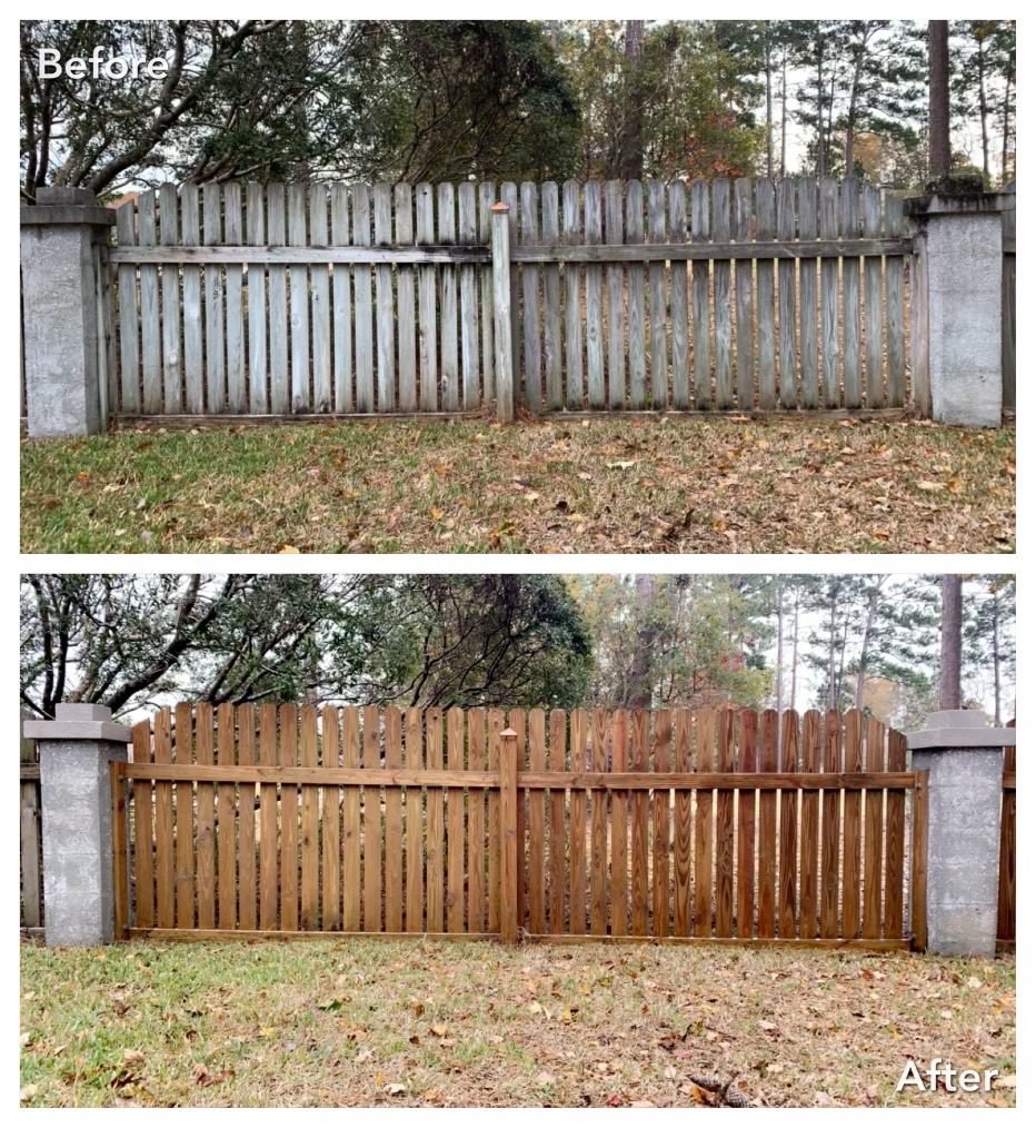 Before and after cedar fence cleaning in Marysville WA with weathered wood restored