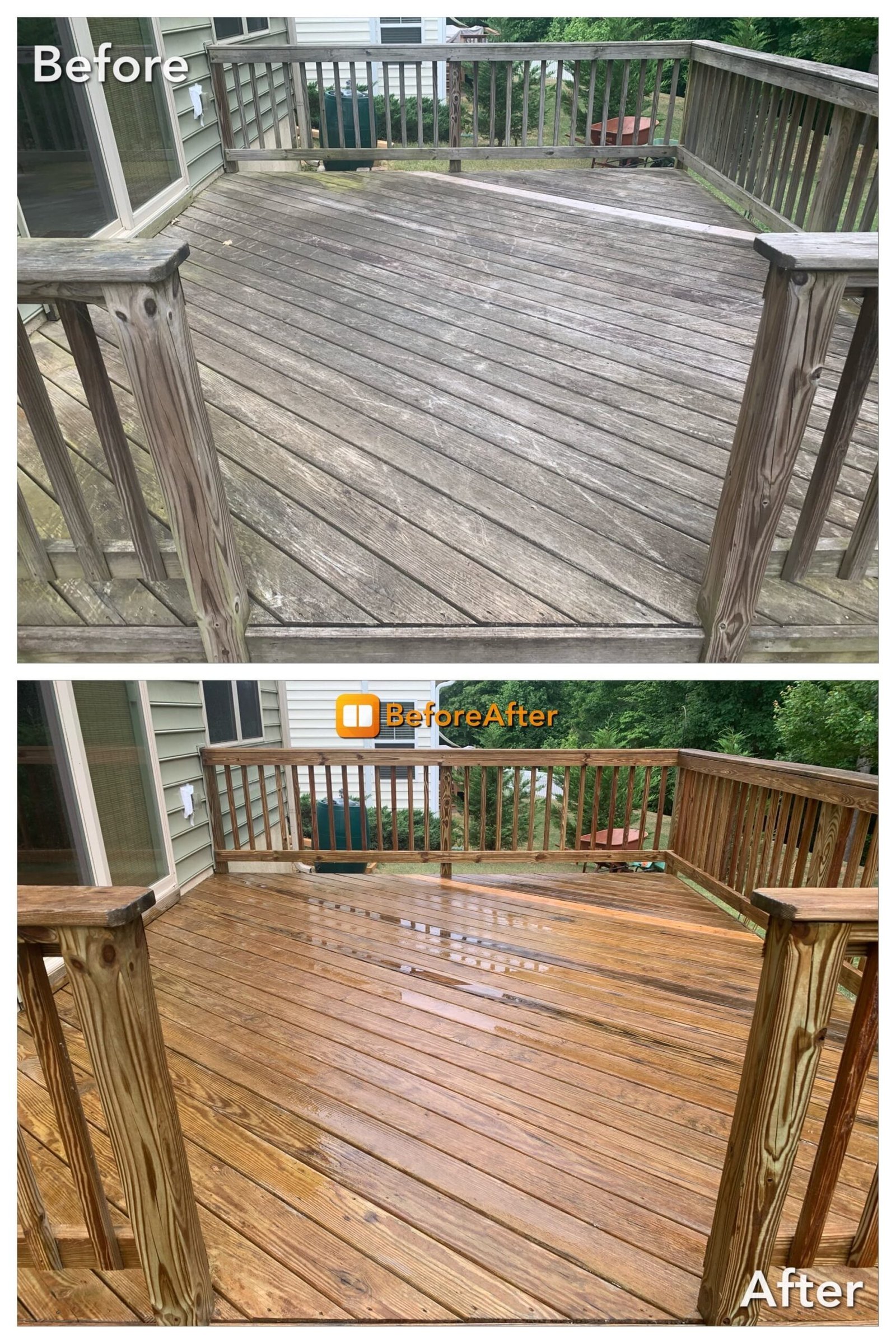 Before-and-after deck cleaning in Marysville WA, showing dirty to clean