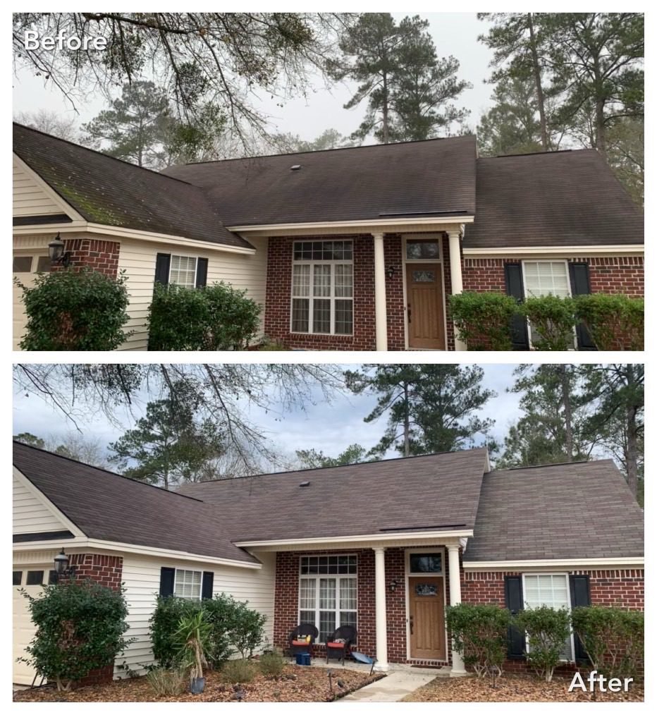 Before-and-after results of a roof cleaning in Marysville WA on a brick house