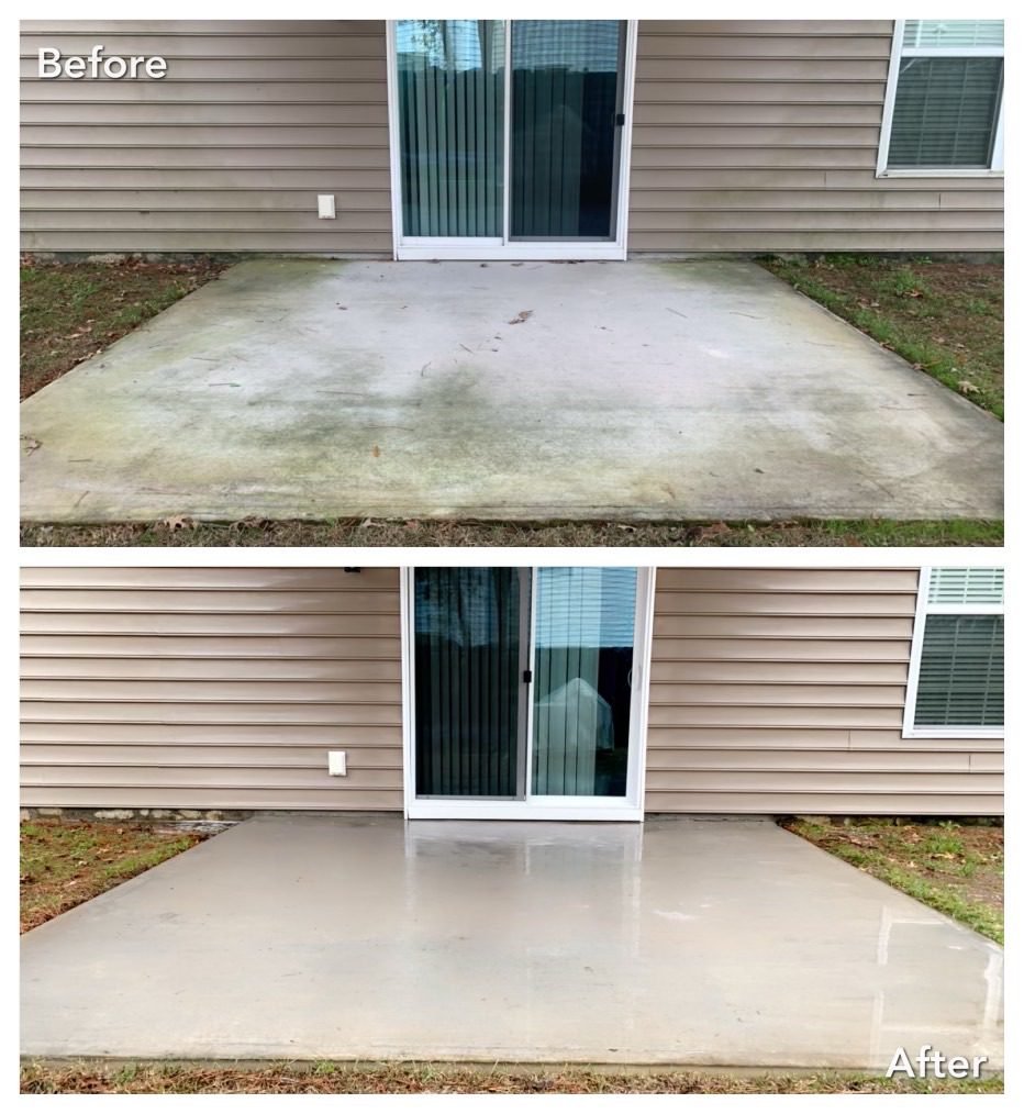 Before after of pressure washing in Marysville WA on a back patio with rear sliding glass door