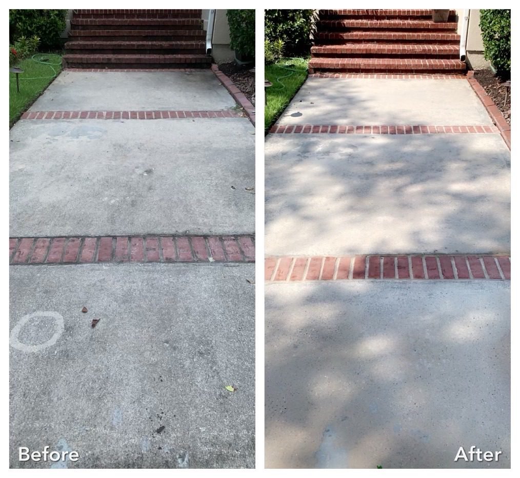 Before and after results of a concrete and brick driveway cleaned near me in Marysville WA using professional pressure washing
