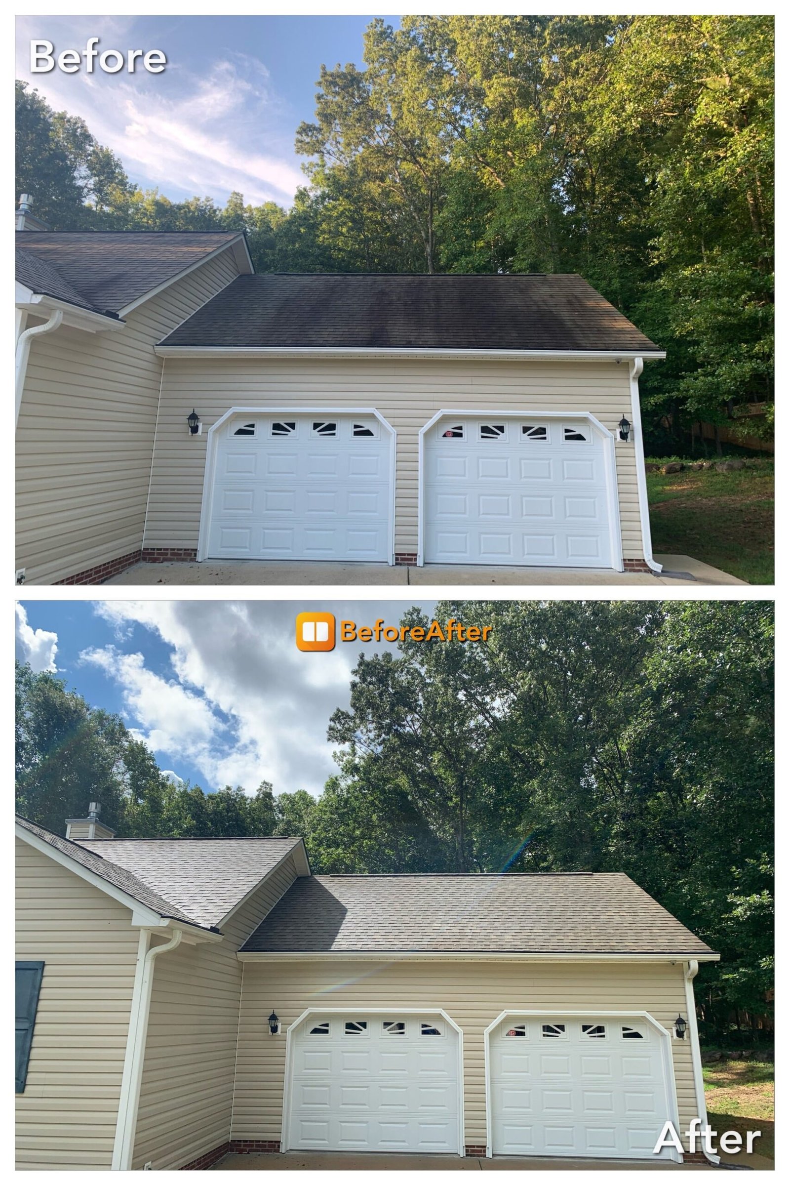 Before after results of a garage area roof cleaning in Marysville WA