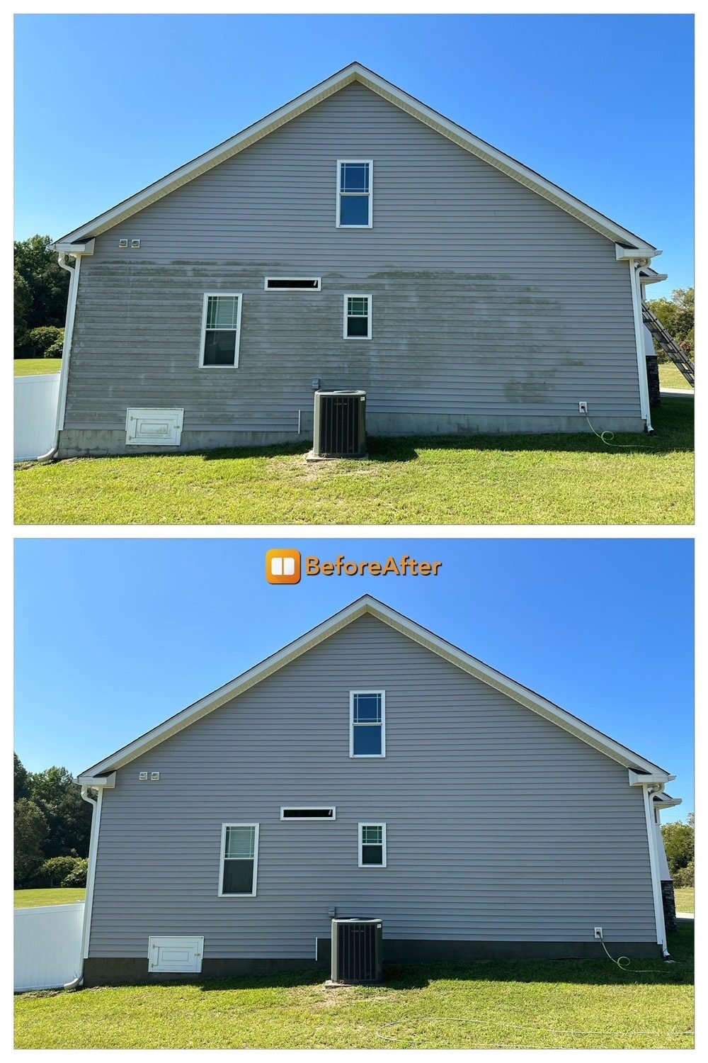 Before-after results of house washing in Camano Island WA, showing gray house dirty and then clean