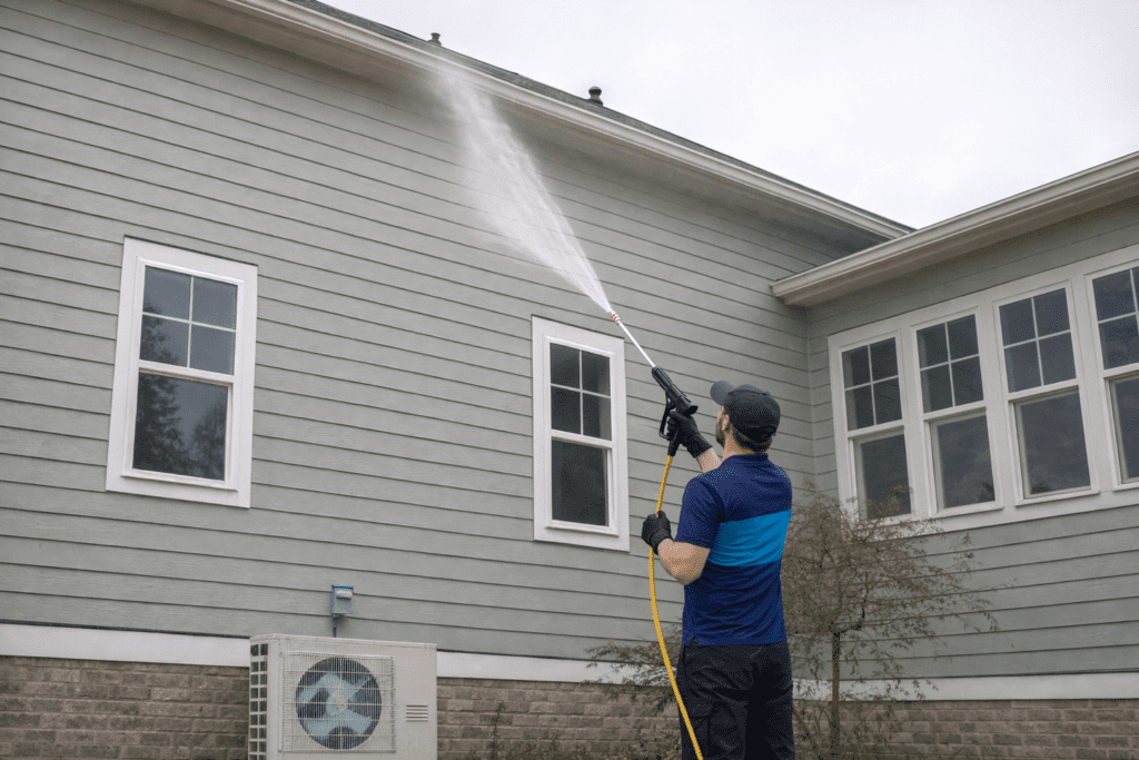 A technician using a pressure washer to perform house washing in Arlington WA on a gray house