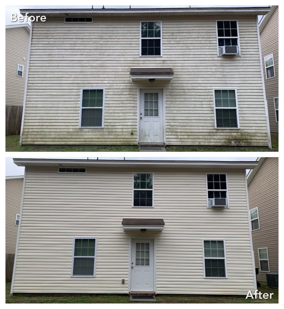 Before and after results of exterior house washing on the back side of a beige two-story home in Stanwood WA
