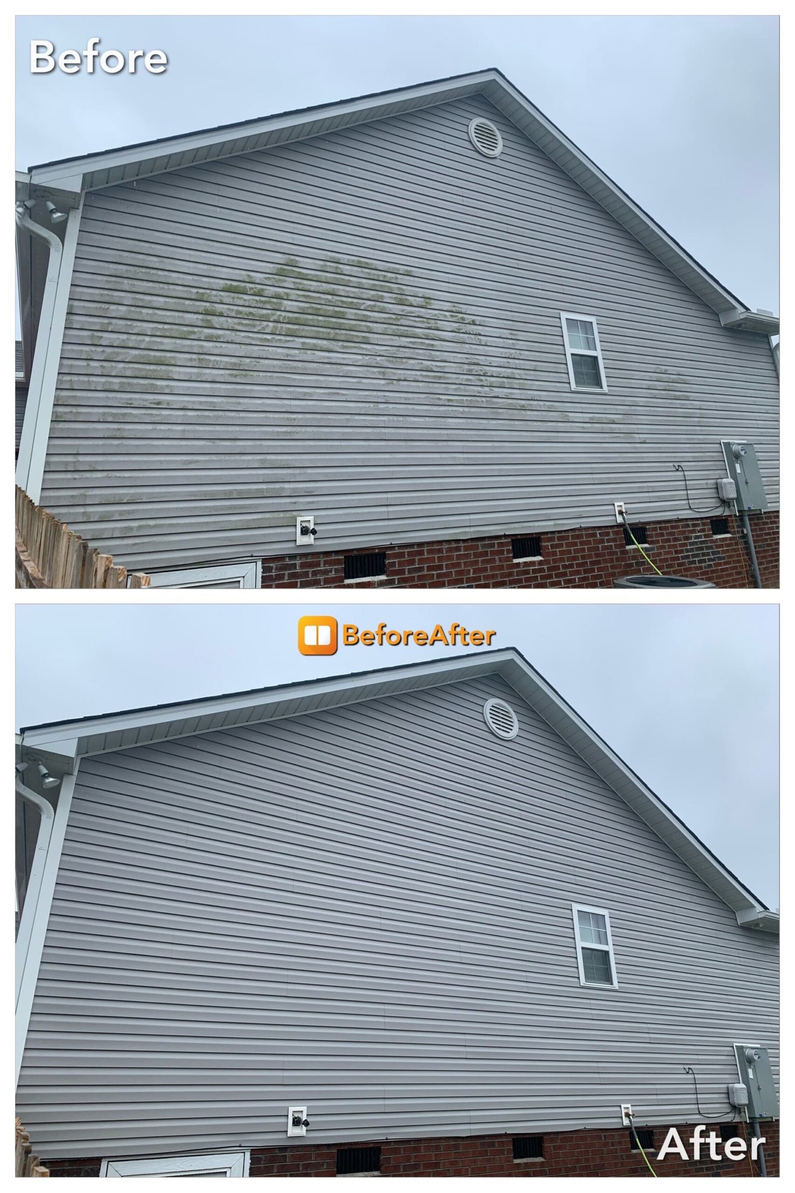 Before and after results of professional house washing in Camano Island WA on a new gray two-story home