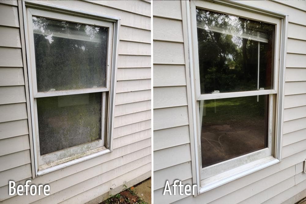 Before and after results of window cleaning near me in Stanwood WA on a white house
