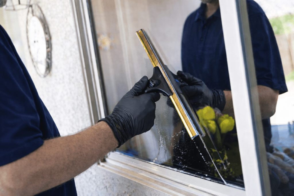 Technician performing window cleaning in Camano Island WA with a squeegee on a wet window