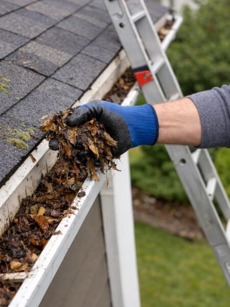 Professional gutter cleaning removing debris from residential gutter