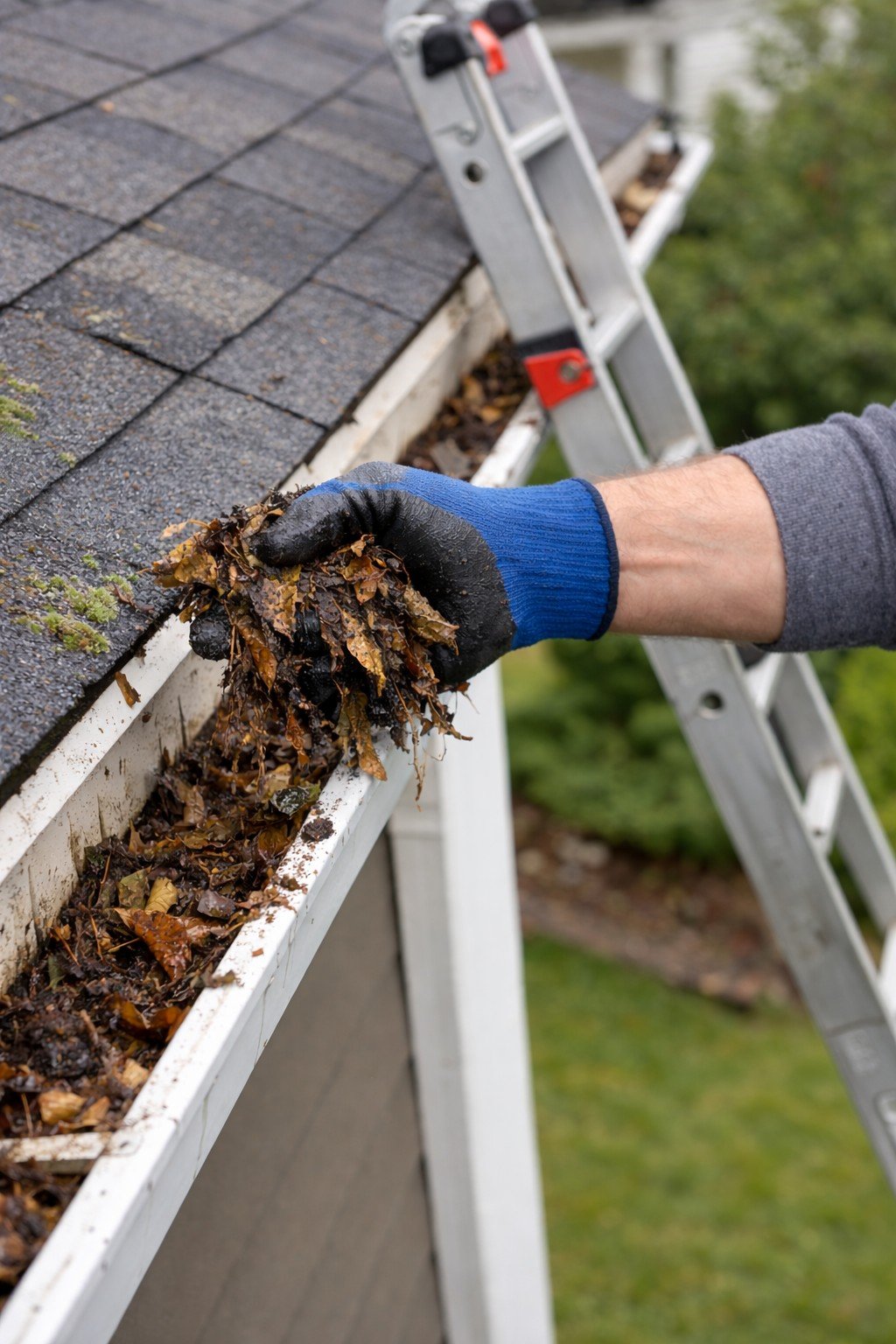 Professional gutter cleaning removing debris from residential gutter
