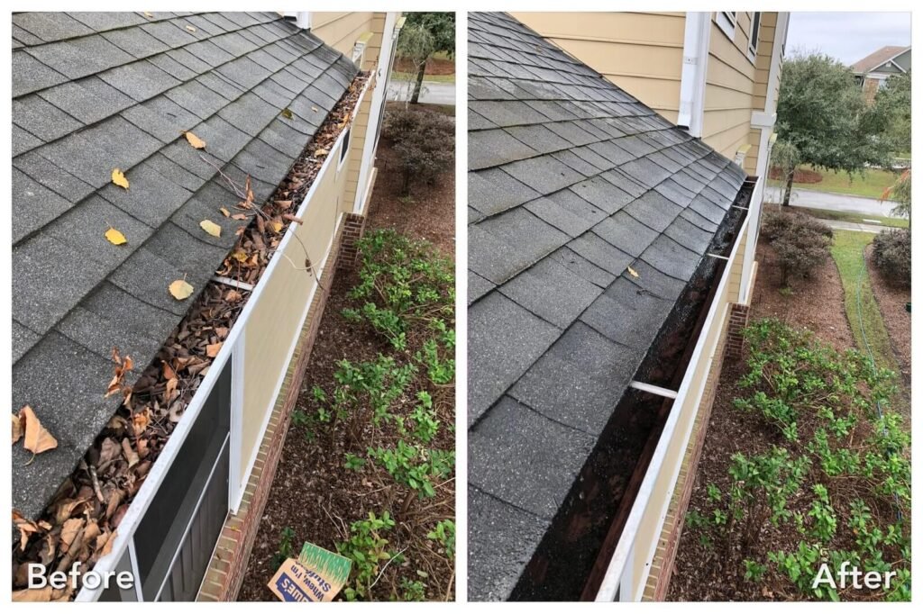 Before and after gutter cleaning in Marysville WA showing a debris-filled gutter cleaned out