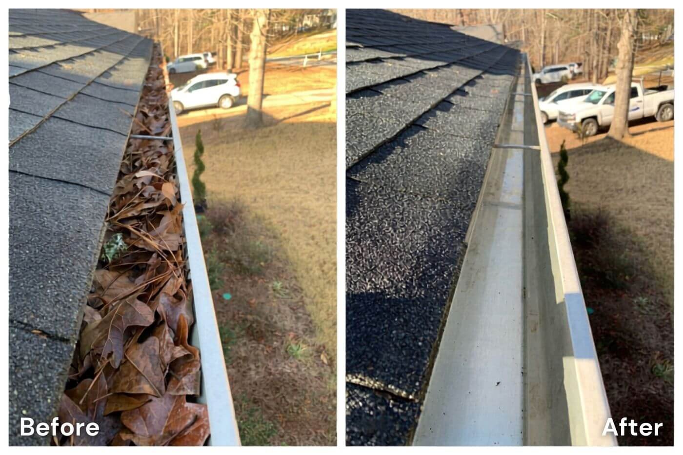 Before and after gutter cleaning in Marysville WA showing leaf filled gutter cleaned out