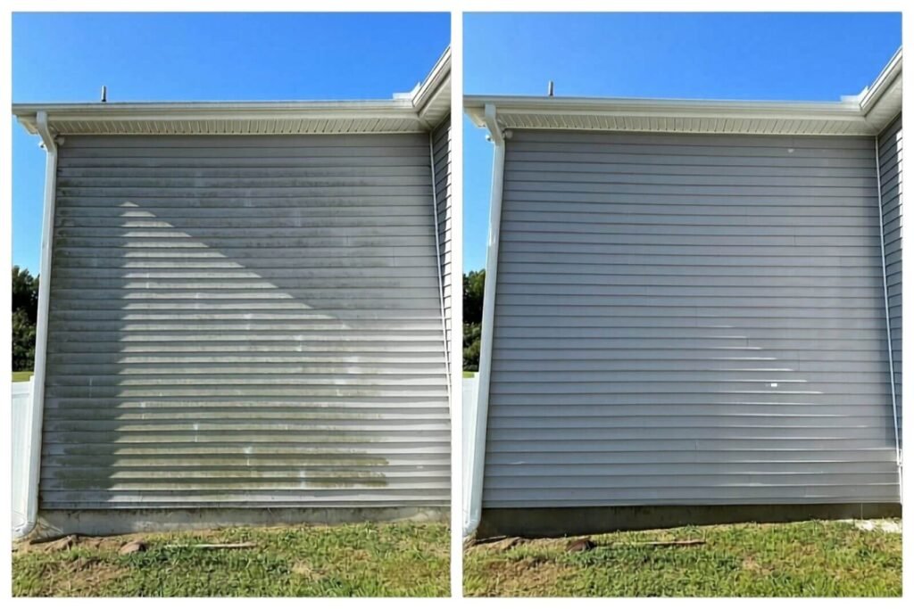 Before and after house washing in Marysville WA on the side of a gray home