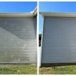 Before and after house washing in Marysville WA on the side of a gray home
