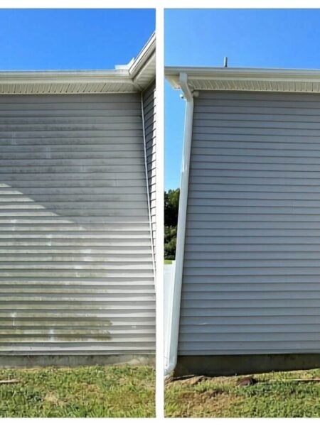 Before and after house washing in Marysville WA on the side of a gray home