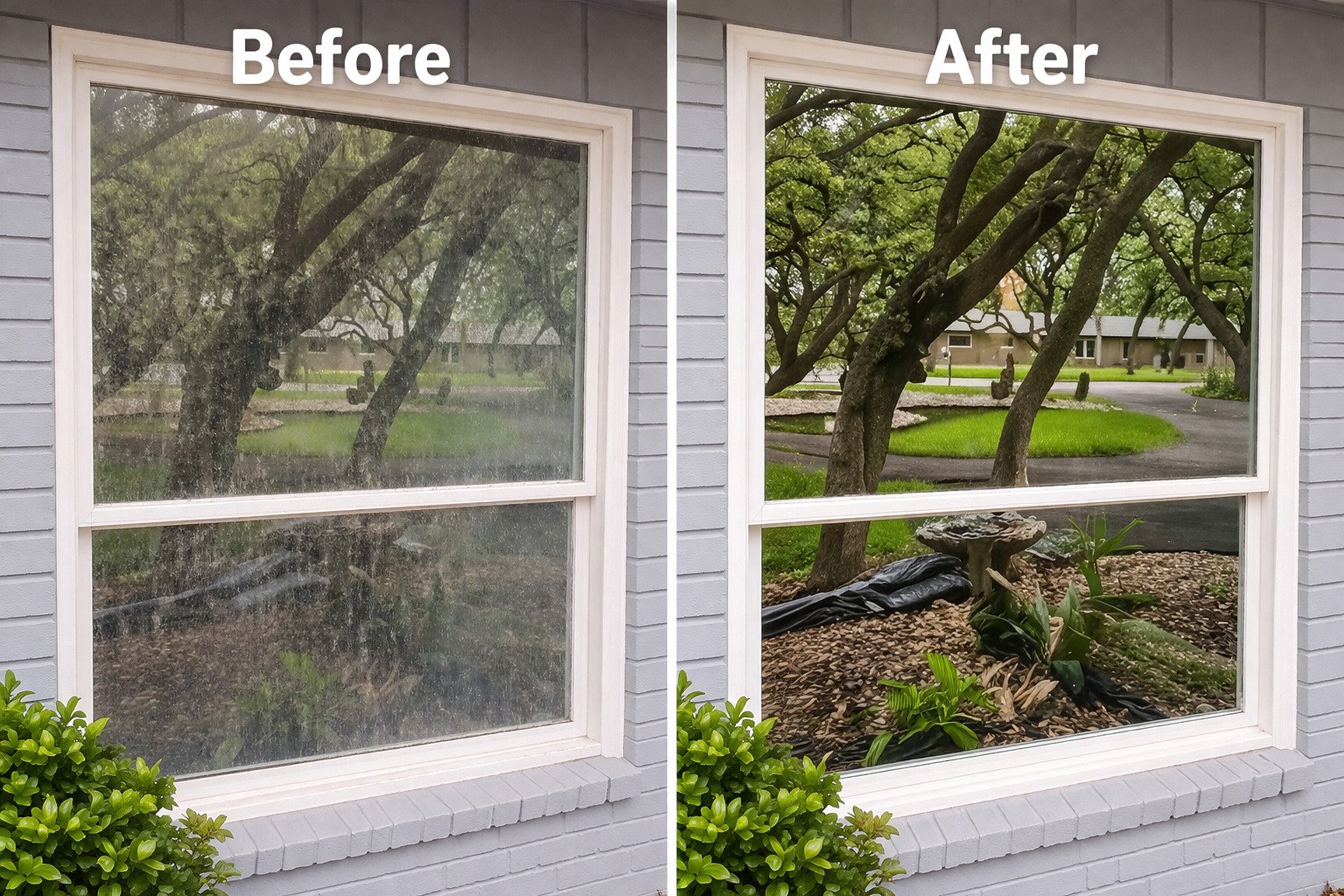 Before and after residential window cleaning showing dirty vs crystal-clear glass