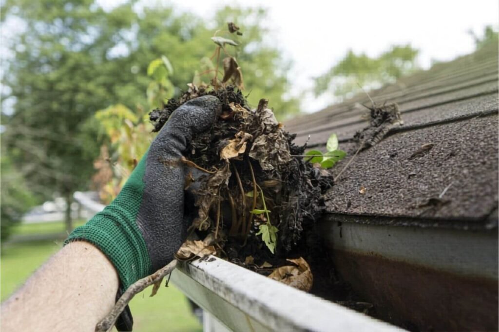 Hand removing leaves and debris during residential gutter cleaning in Marysville WA