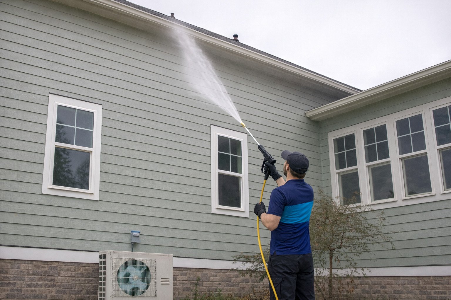 A technician using a pressure washer to perform house washing on a gray house in Marysville WA