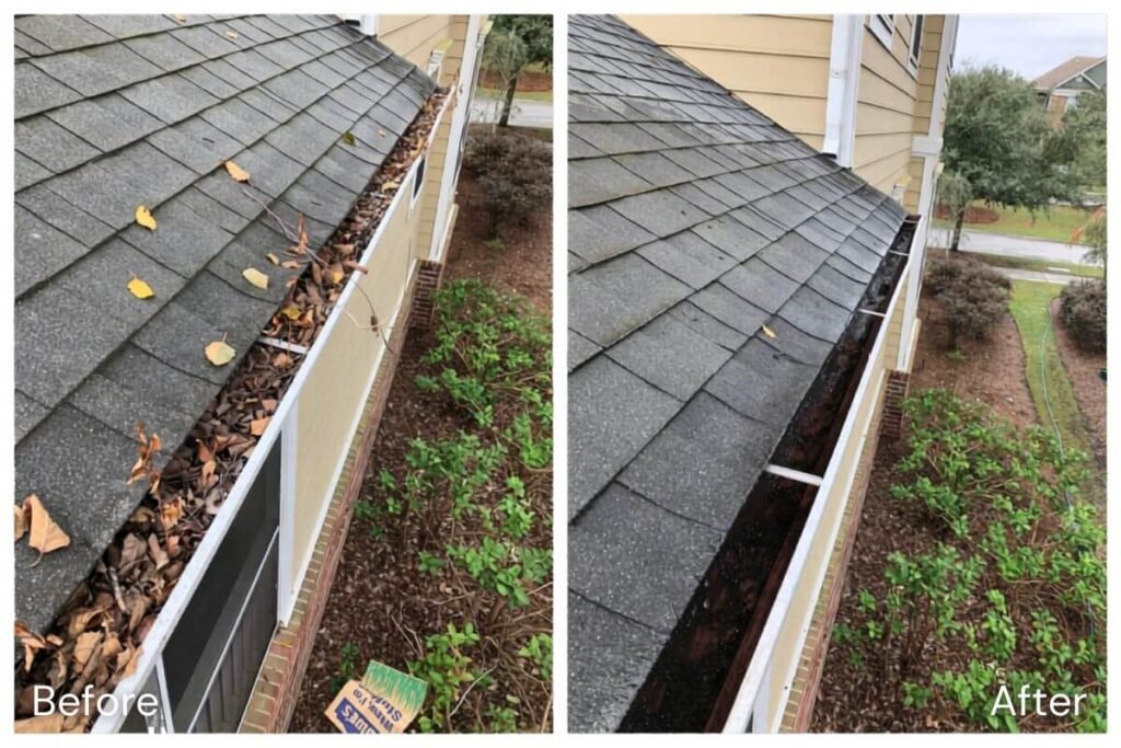 Before and after comparison of a debris-filled gutter cleared and flowing properly in Camano Island