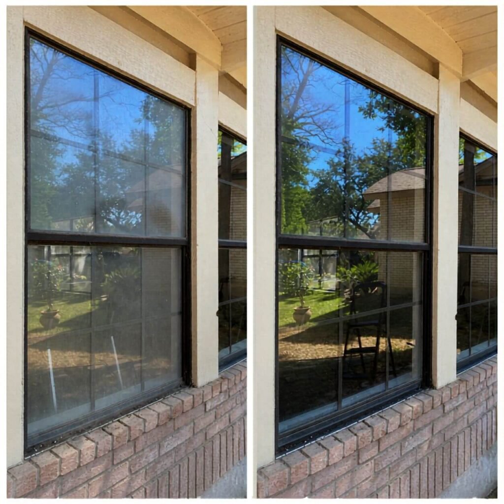 Before and after window cleaning in Marysville WA on a beige and brick house
