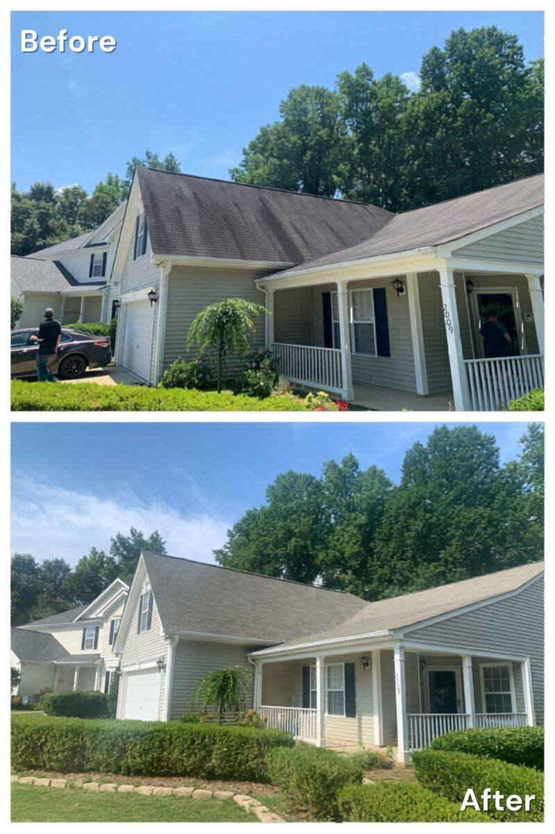 Before-and-after results of a residential roof cleaning in Marysville WA on a single story beige house