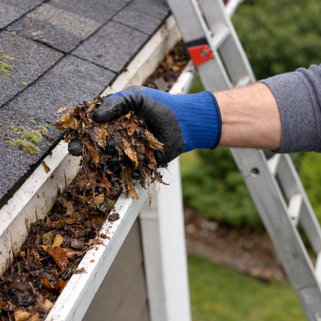 Professional gutter cleaning removing leaves and debris from residential gutter