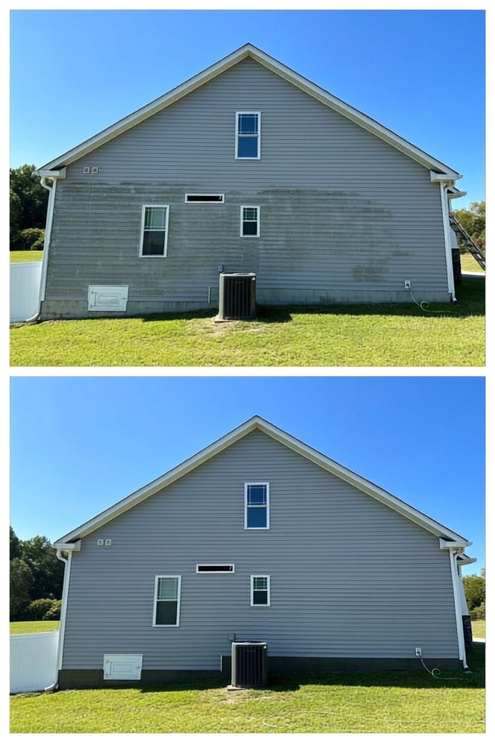 Before and after house washing service on a gray home in Arlington WA