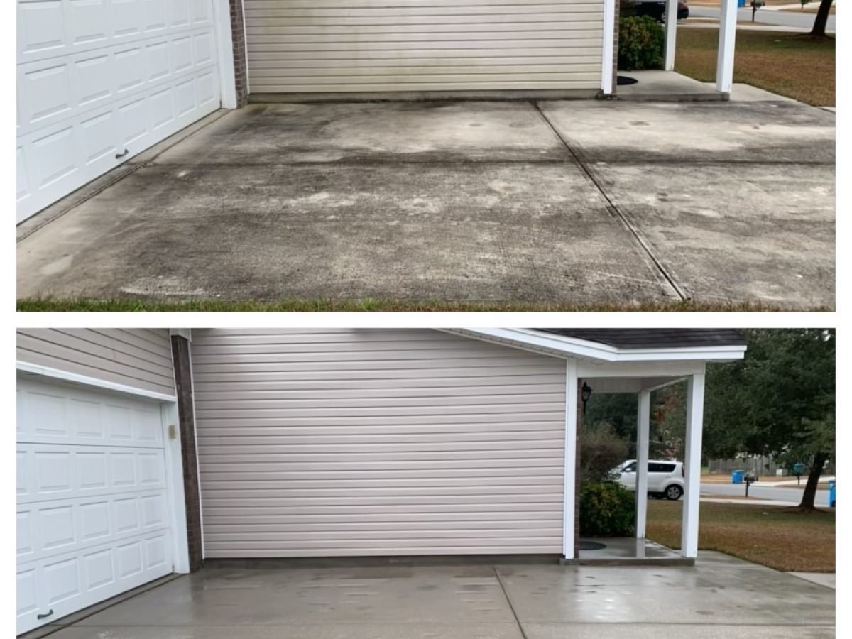 Before and after results of driveway pressure washing in Stanwood WA at a gray residential home.