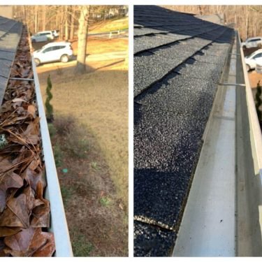 Before and after gutter cleaning in Marysville WA showing leaf filled gutter cleaned out