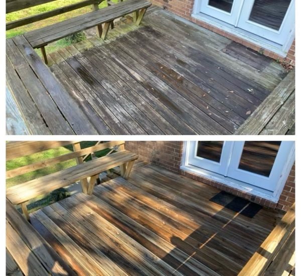 Before and after wood deck cleaning in Arlington WA showing the transformation of a dirty deck to clean